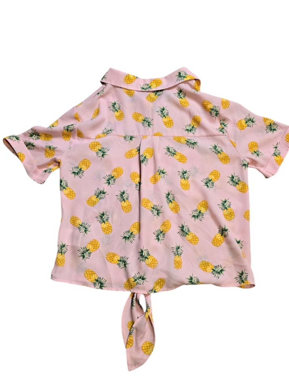Lily White Women’s Short Sleeve Sheer Pink Pineapple Pattern Front Tie Button Up - Picture 2 of 9